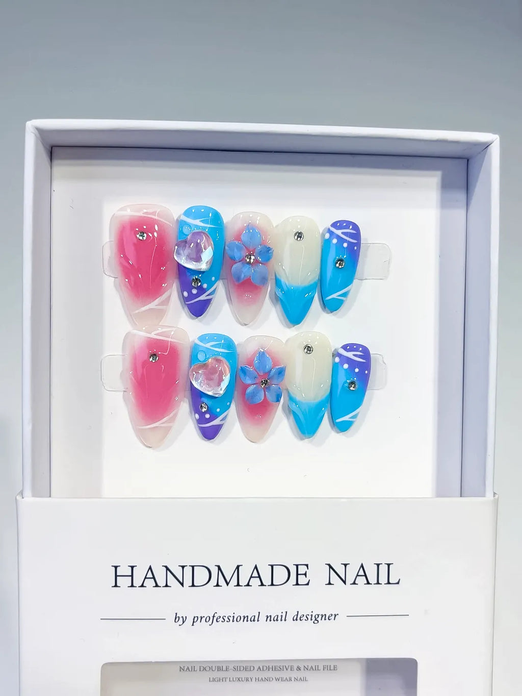 Pink Blue White Purple Abstract Heart Flower Rhinestone press on nails full set view