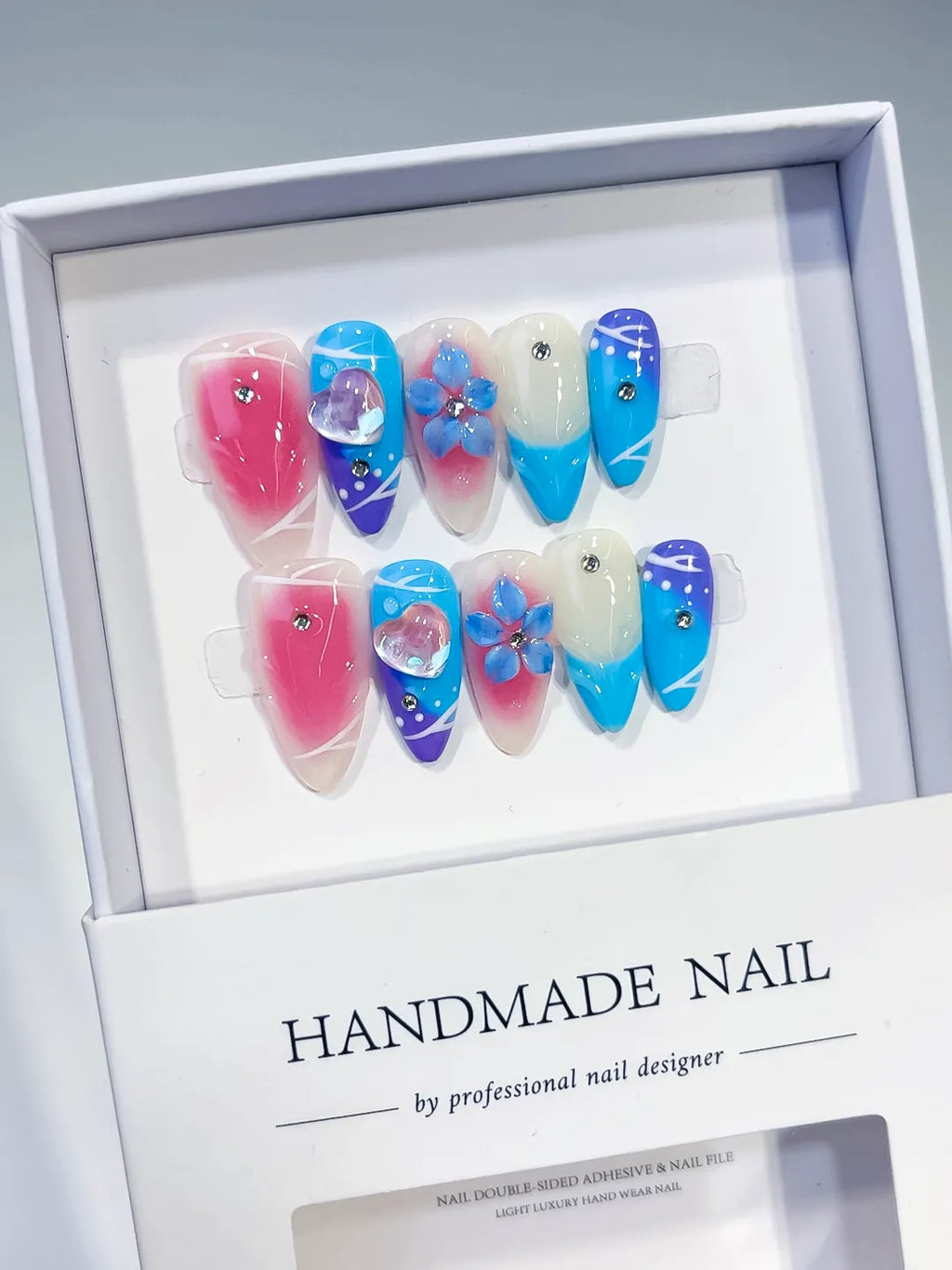 Pink Blue White Purple Abstract Heart Flower Rhinestone press on nails angled view