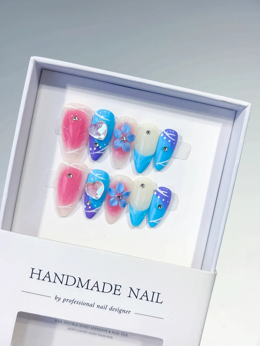 Pink Blue White Purple Abstract Heart Flower Rhinestone press on nails