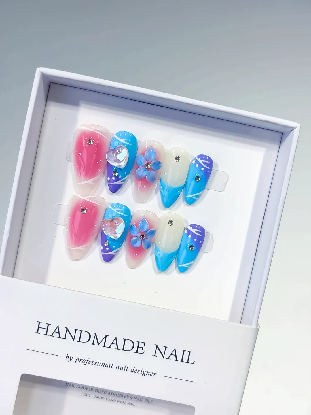 Pink Blue White Purple Abstract Heart Flower Rhinestone press on nails