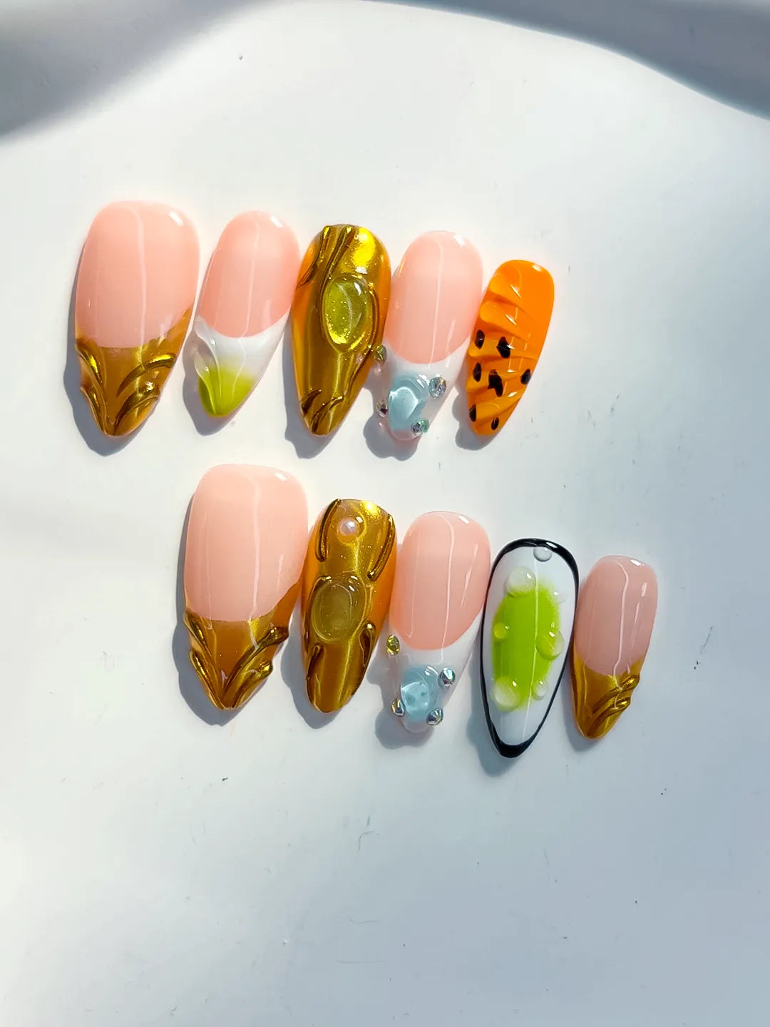 Nude Gold Green Orange Black Metallic Animal Print Rhinestone press on nails close up