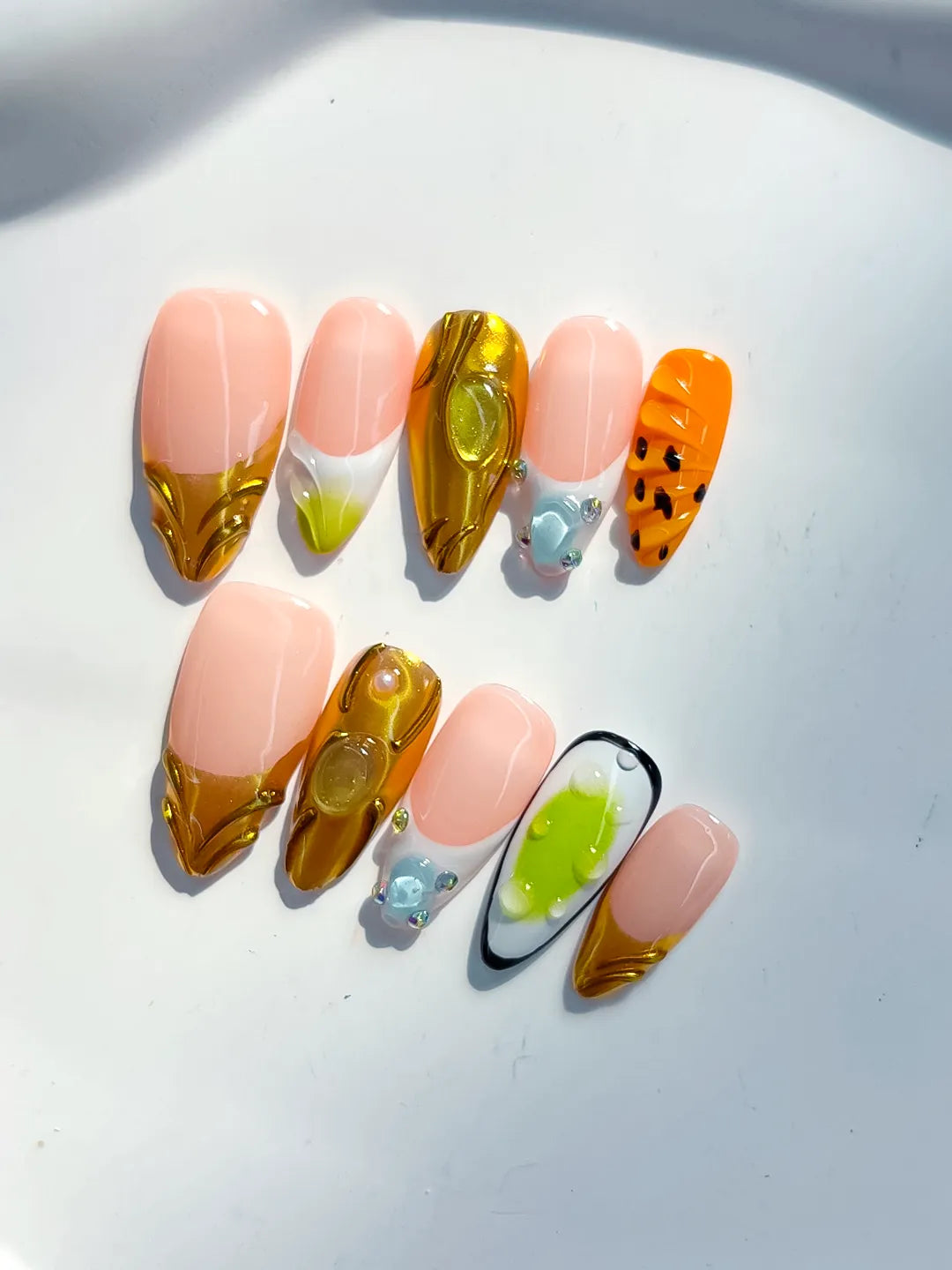 Nude Gold Green Orange Black Metallic Animal Print Rhinestone press on nails detail view