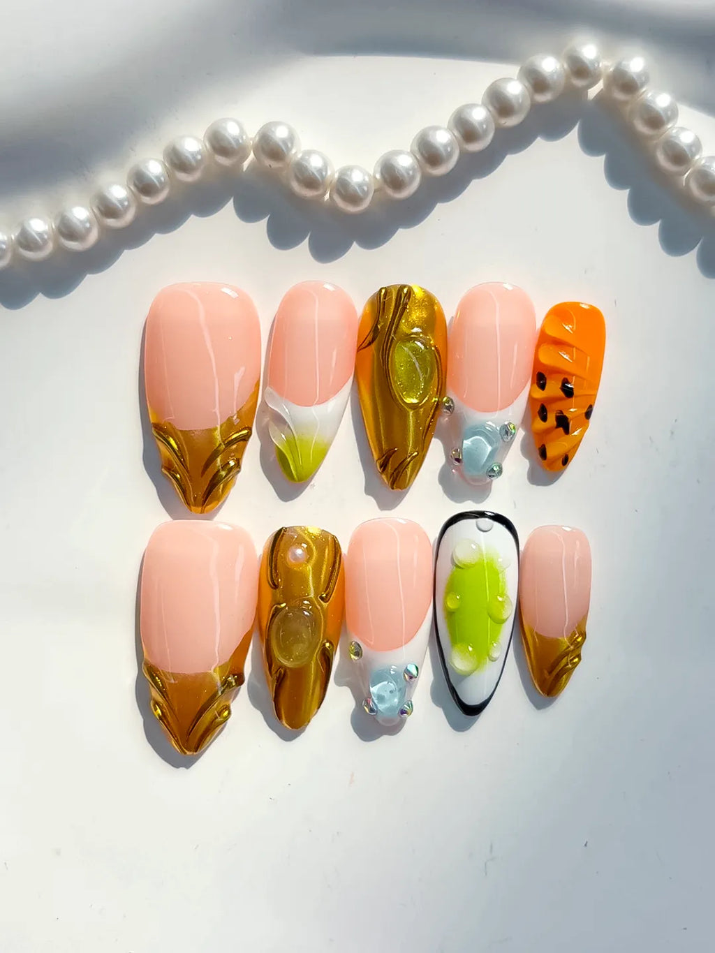 Nude Gold Green Orange Black Metallic Animal Print Rhinestone press on nails detail view