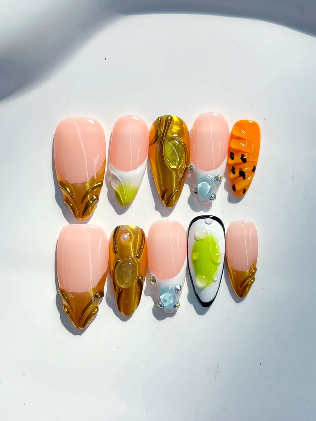 Nude Gold Green Orange Black Metallic Animal Print Rhinestone press on nails detail view