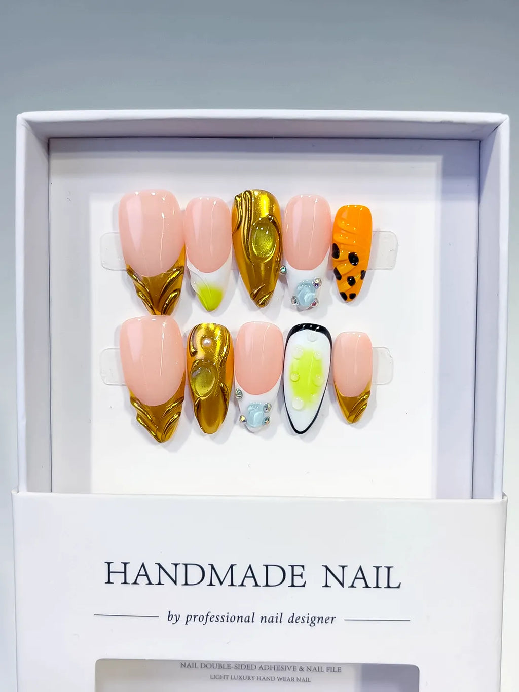 Nude Gold Green Orange Black Metallic Animal Print Rhinestone press on nails full set view