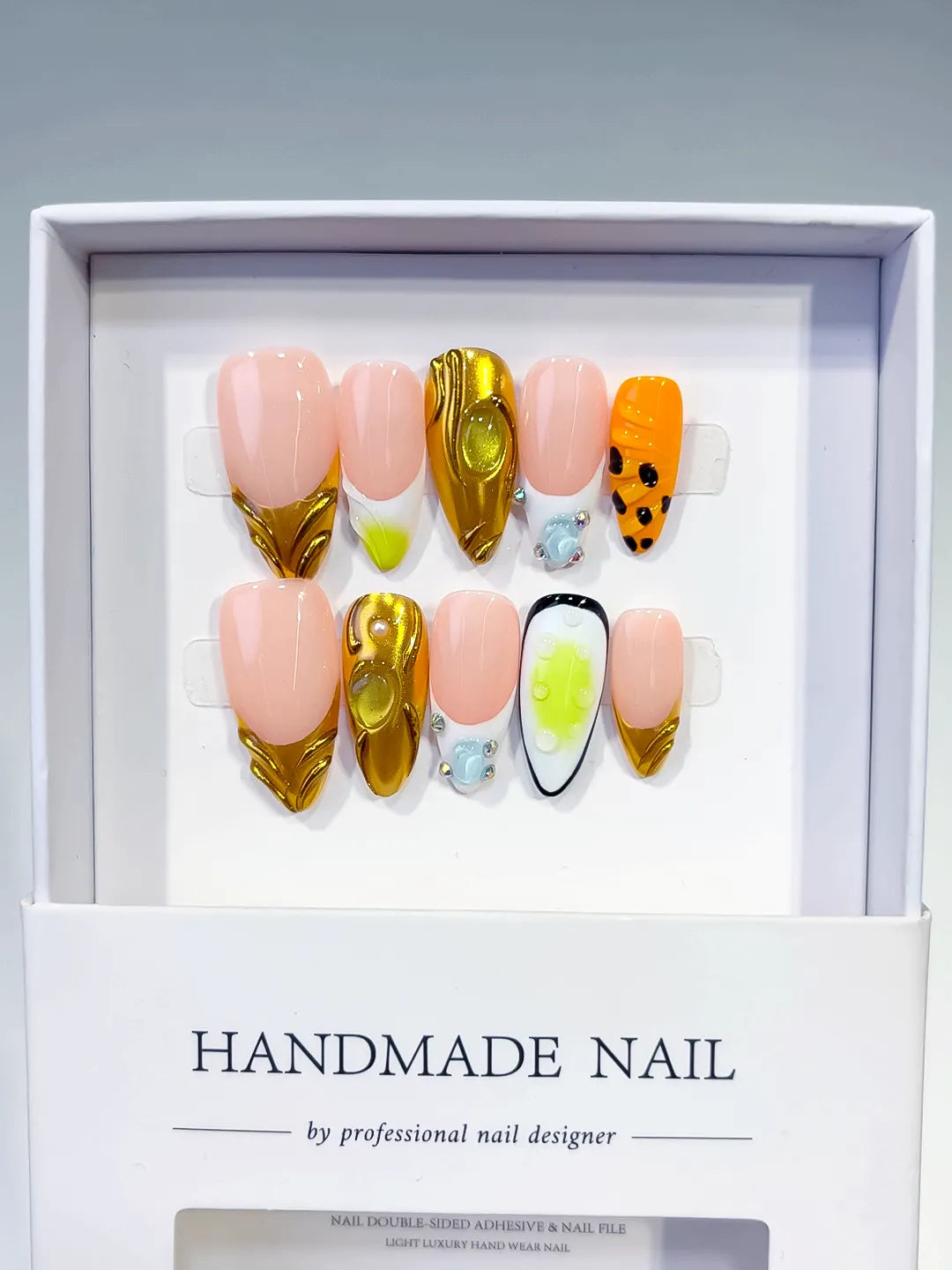 Nude Gold Green Orange Black Metallic Animal Print Rhinestone press on nails full set view