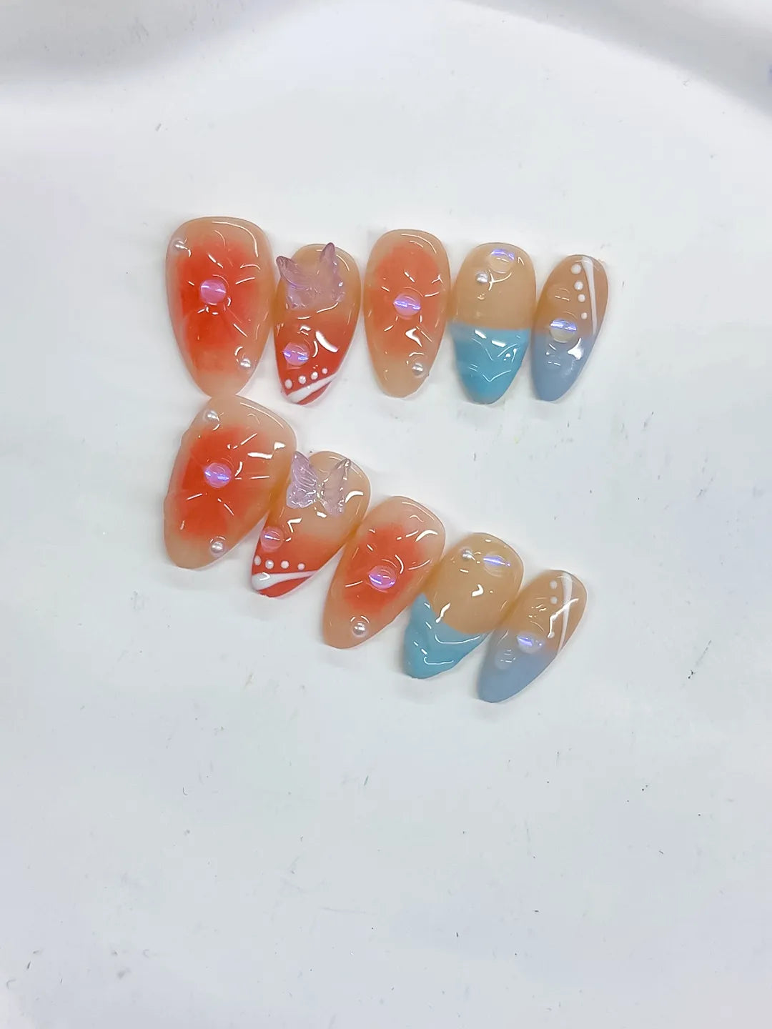 Nude Orange Blue White Gold Abstract Flower Bow Dot Pattern press on nails close up