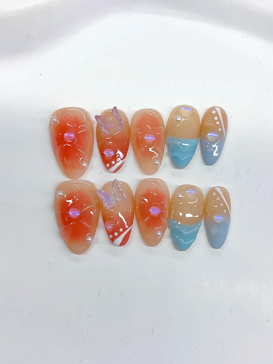 Nude Orange Blue White Gold Abstract Flower Bow Dot Pattern press on nails detail view