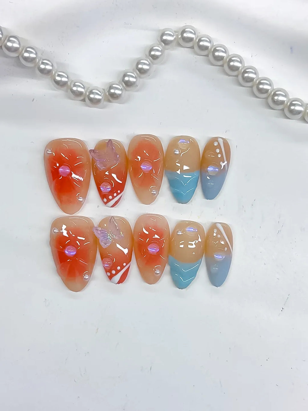 Nude Orange Blue White Gold Abstract Flower Bow Dot Pattern press on nails detail view