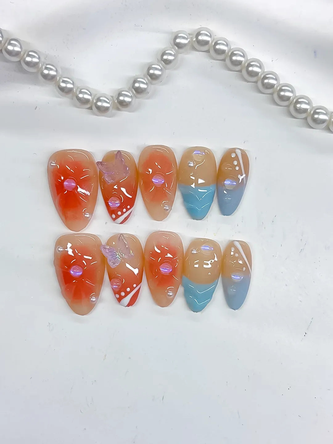 Nude Orange Blue White Gold Abstract Flower Bow Dot Pattern press on nails detail view