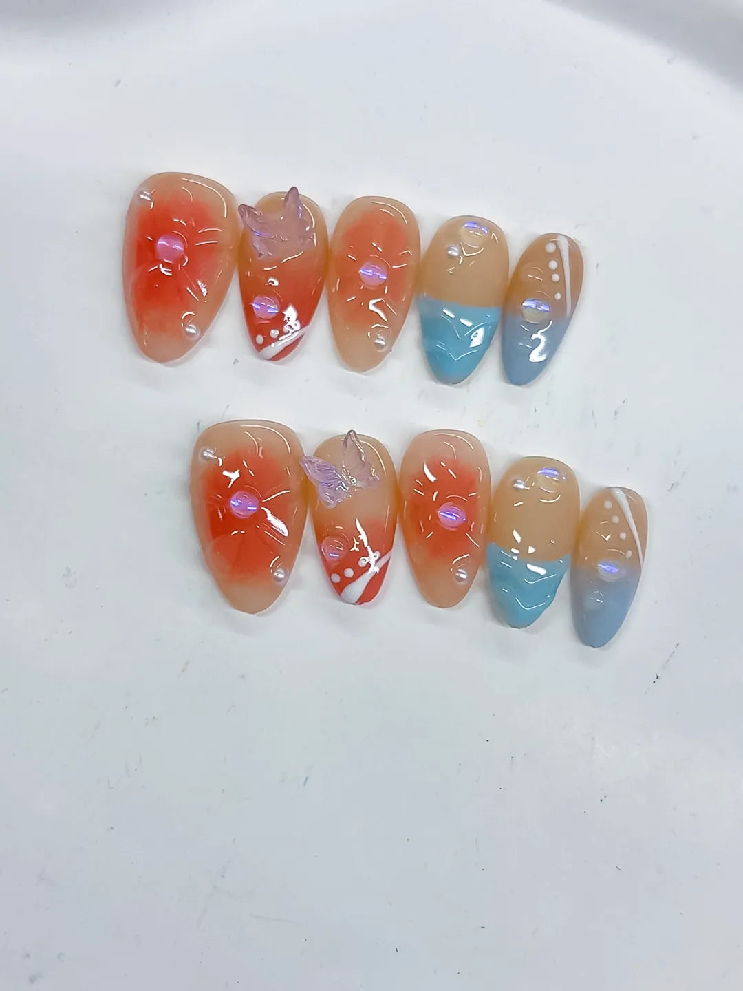 Nude Orange Blue White Gold Abstract Flower Bow Dot Pattern press on nails detail view