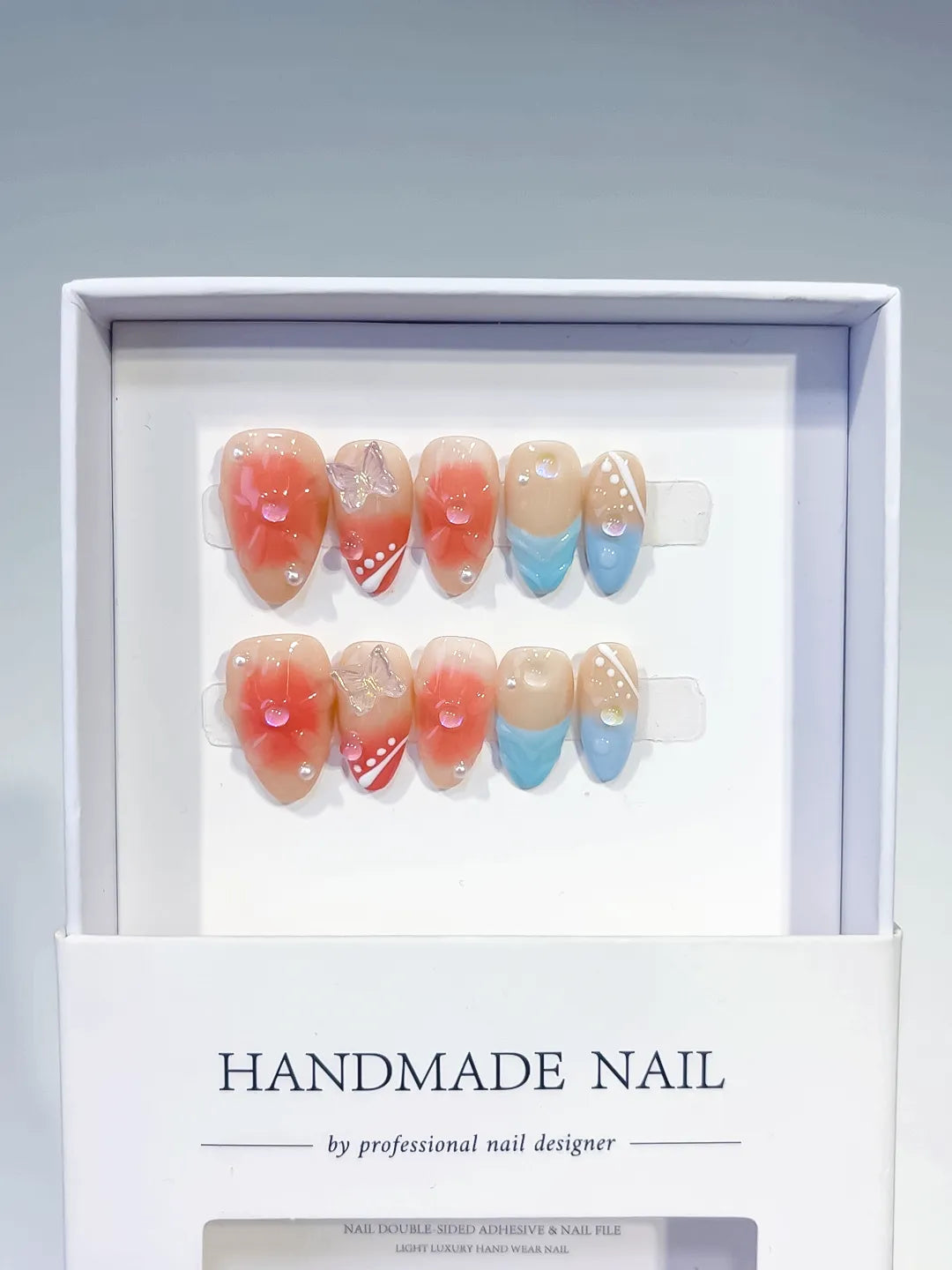 Nude Orange Blue White Gold Abstract Flower Bow Dot Pattern press on nails full set view