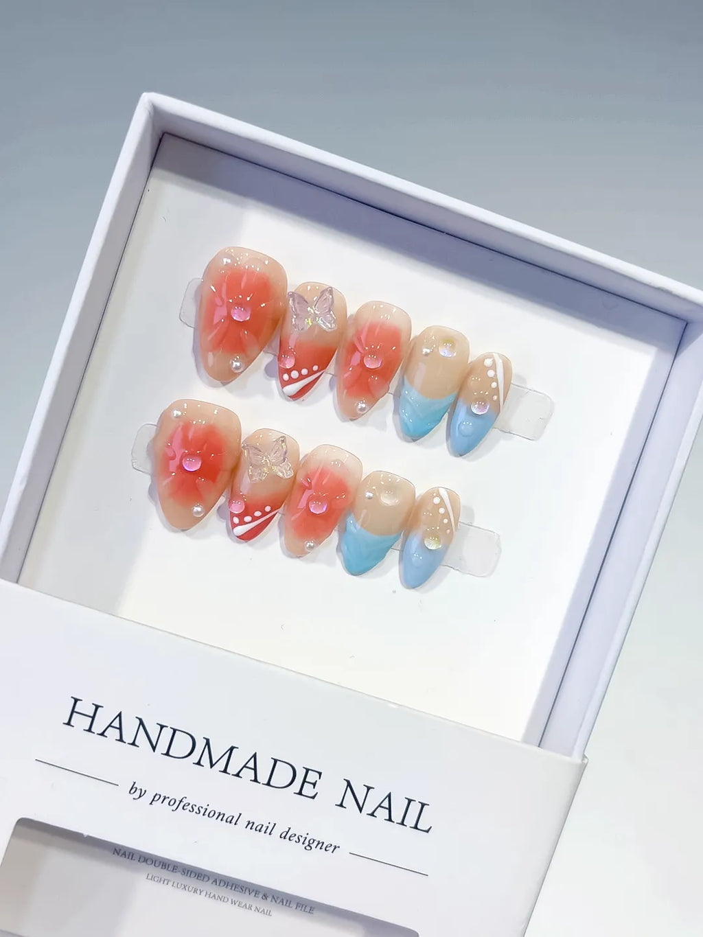 Nude Orange Blue White Gold Abstract Flower Bow Dot Pattern press on nails