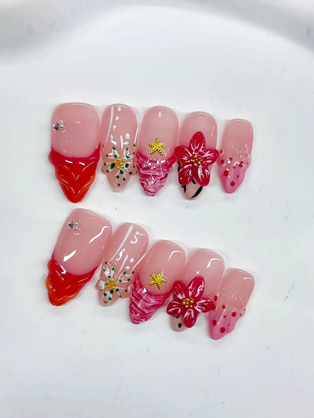 Pink Red White Gold Black Abstract Flower Star Animal Print press on nails close up