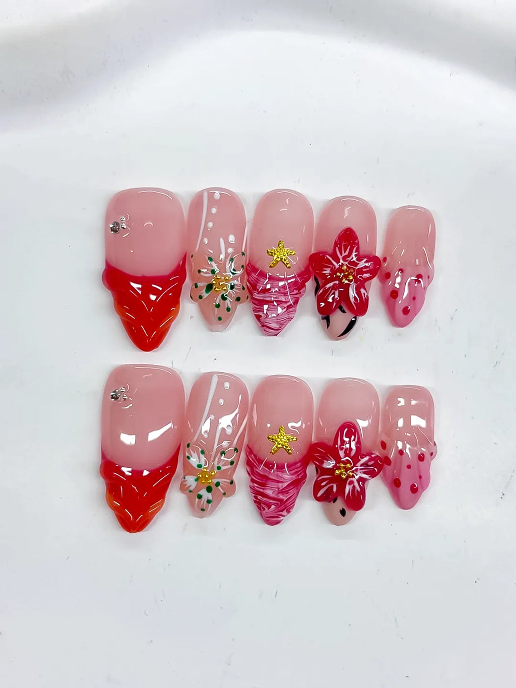 Pink Red White Gold Black Abstract Flower Star Animal Print press on nails detail view