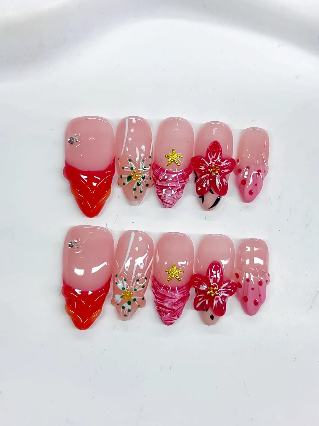 Pink Red White Gold Black Abstract Flower Star Animal Print press on nails detail view