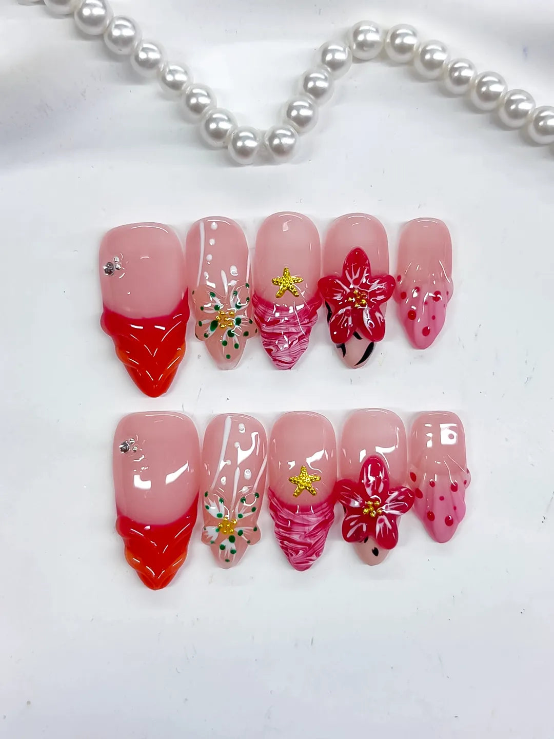 Pink Red White Gold Black Abstract Flower Star Animal Print press on nails detail view