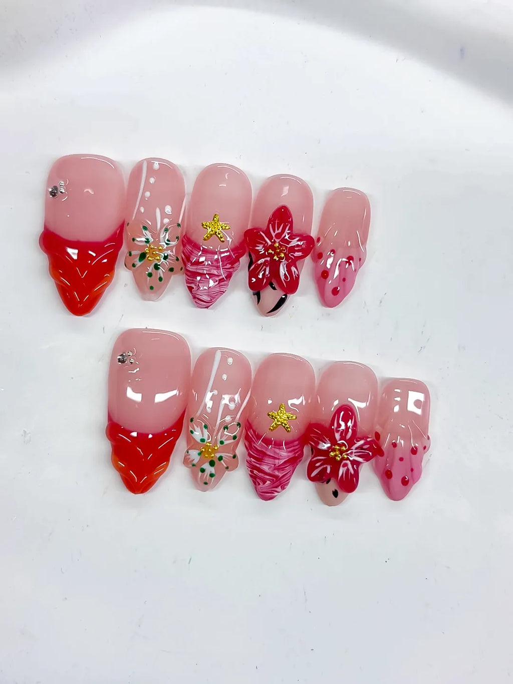 Pink Red White Gold Black Abstract Flower Star Animal Print press on nails detail view