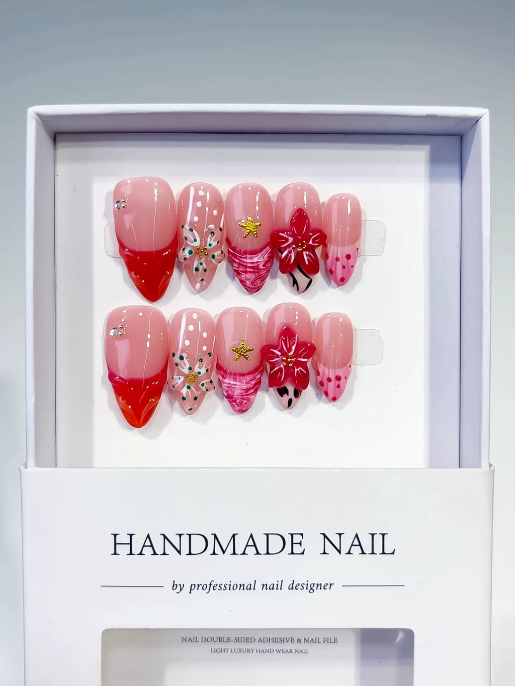 Pink Red White Gold Black Abstract Flower Star Animal Print press on nails full set view