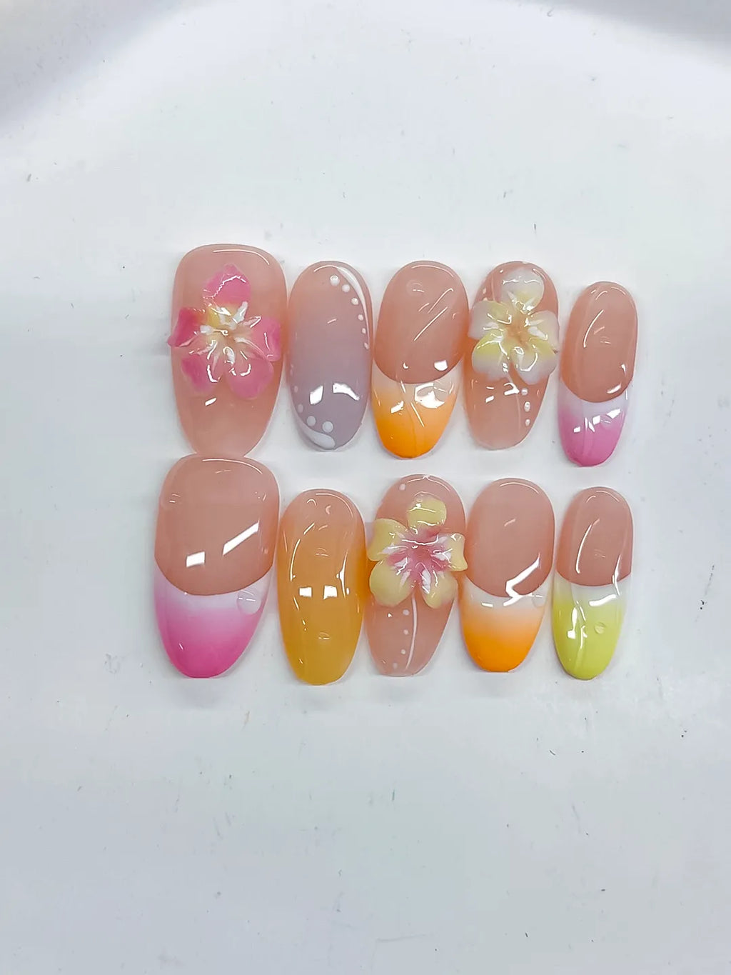 Pink Yellow Orange French tip Flower Pearl press on nails close up