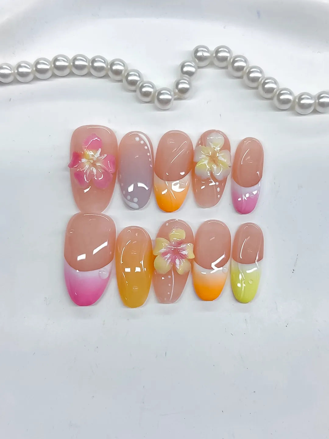 Pink Yellow Orange French tip Flower Pearl press on nails detail view