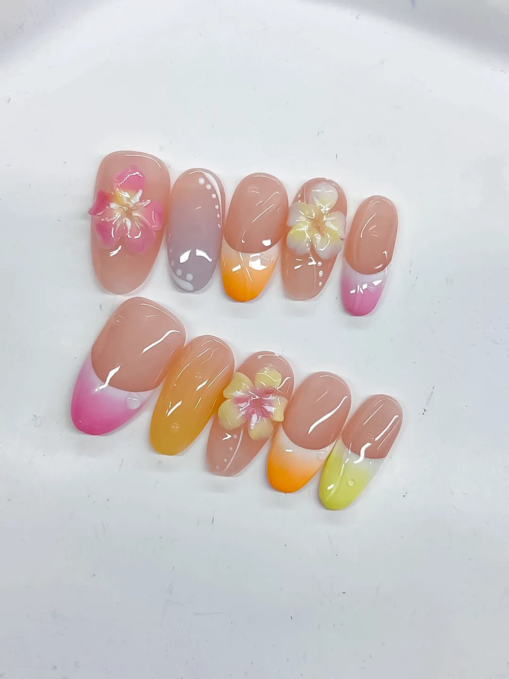 Pink Yellow Orange French tip Flower Pearl press on nails detail view