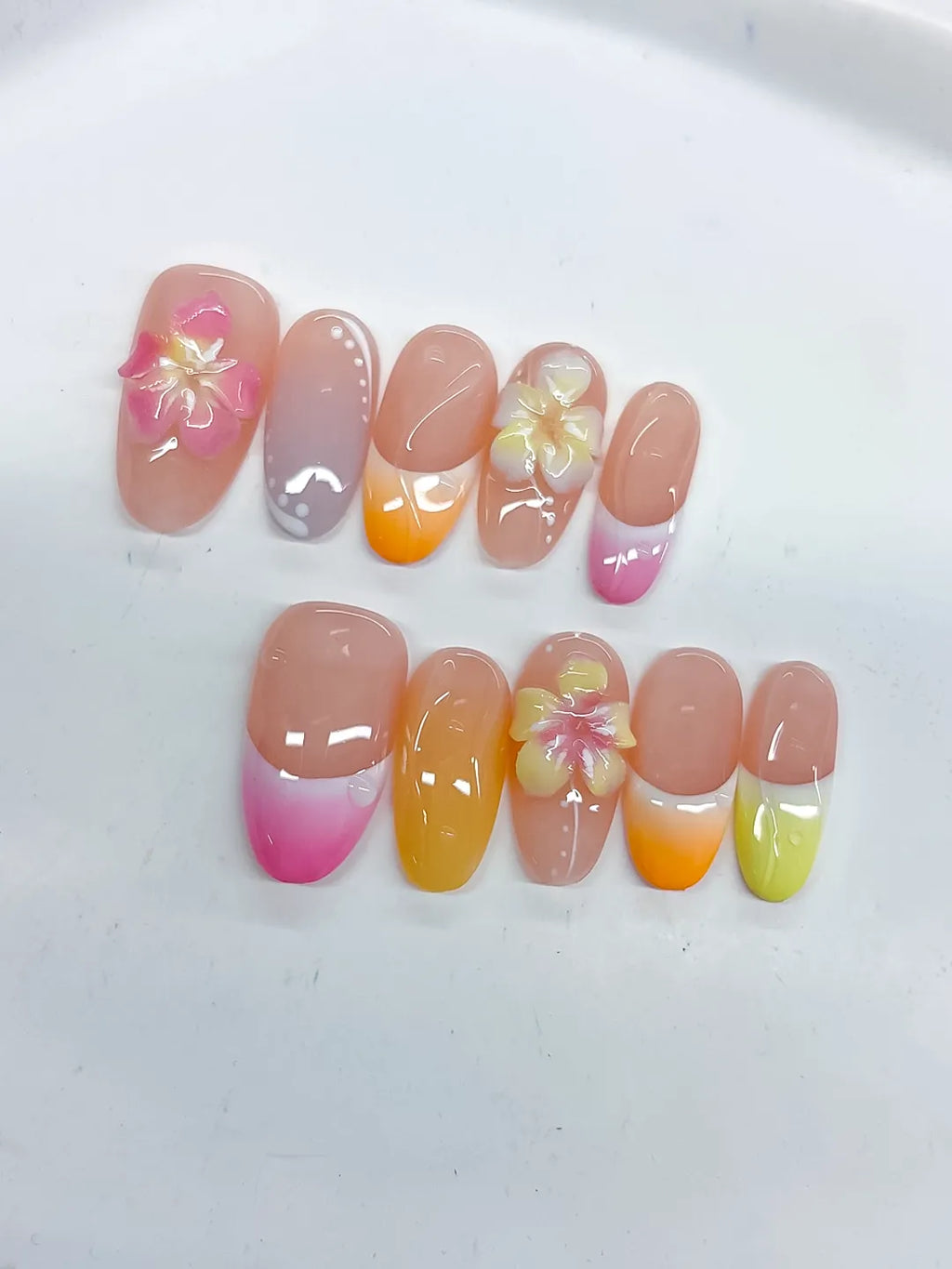 Pink Yellow Orange French tip Flower Pearl press on nails detail view