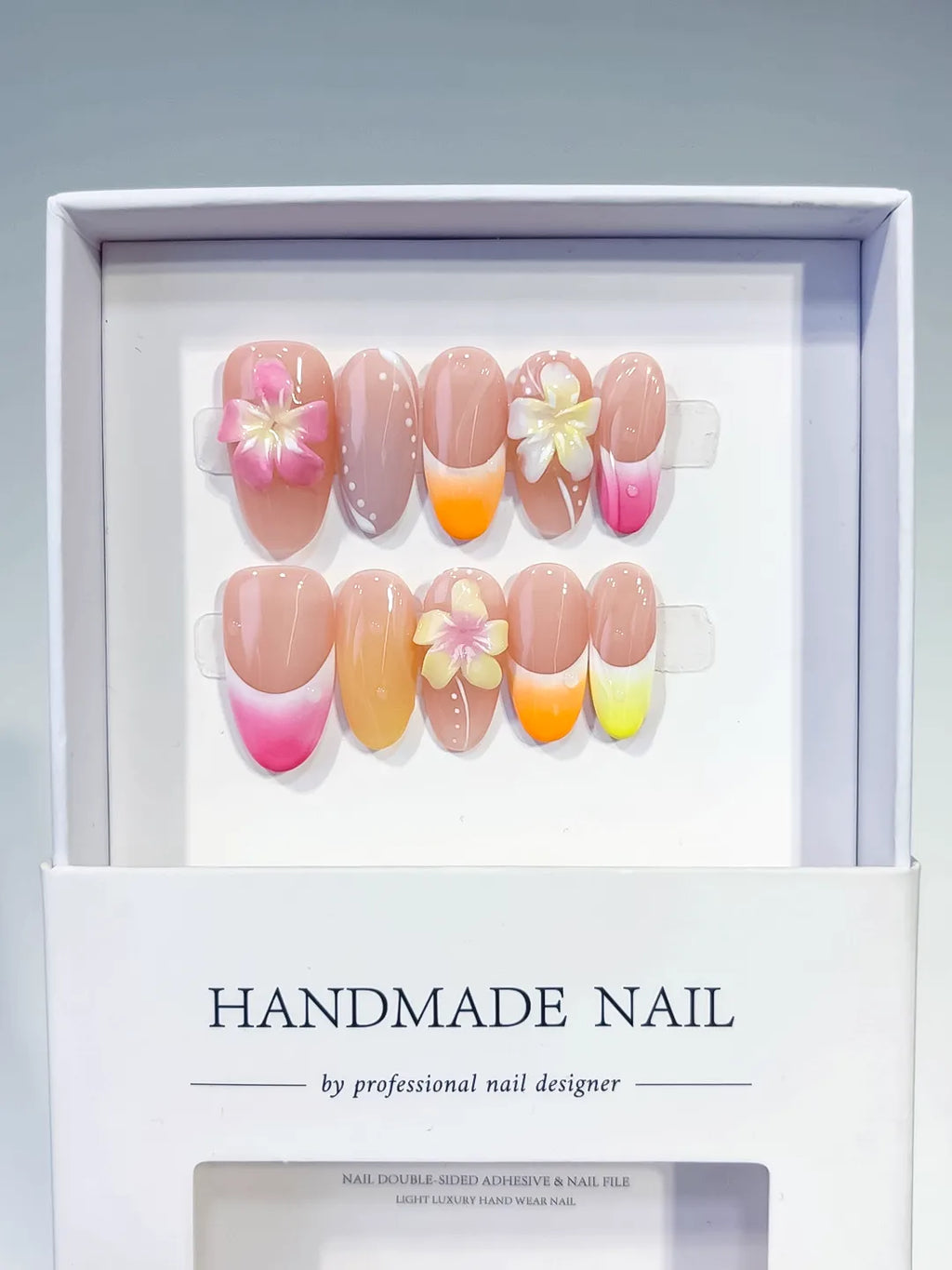 Pink Yellow Orange French tip Flower Pearl press on nails full set view