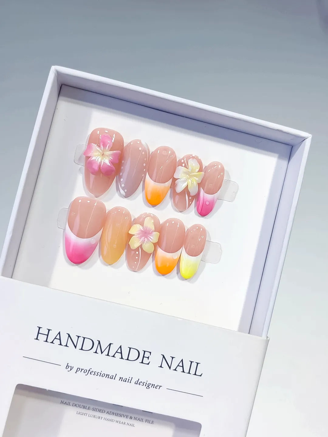 Pink Yellow Orange French tip Flower Pearl press on nails