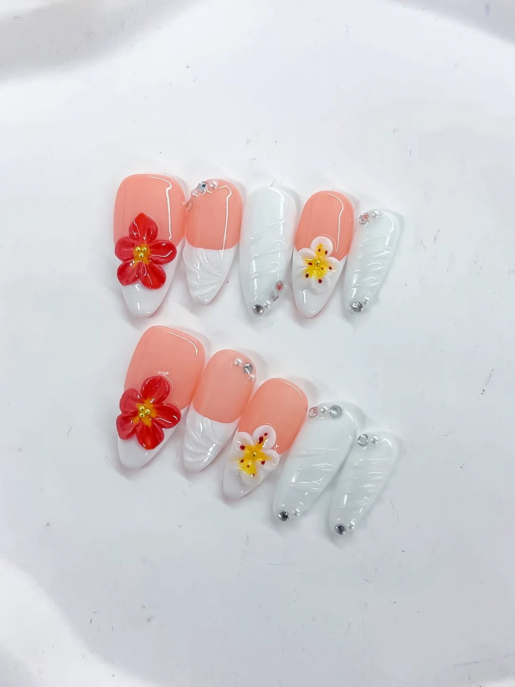 Pink White French tip Flower Rhinestone Shell press on nails close up