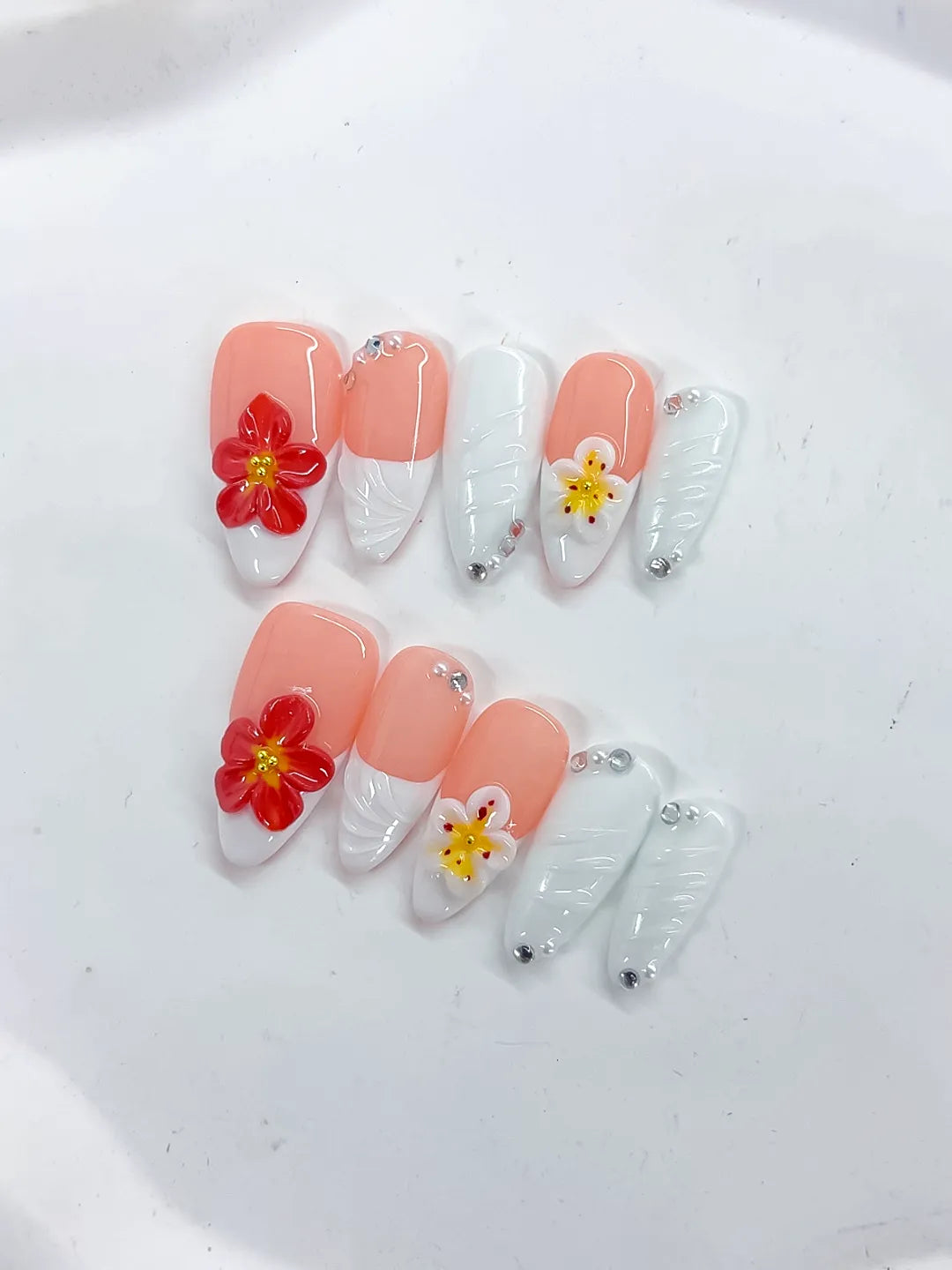 Pink White French tip Flower Rhinestone Shell press on nails close up