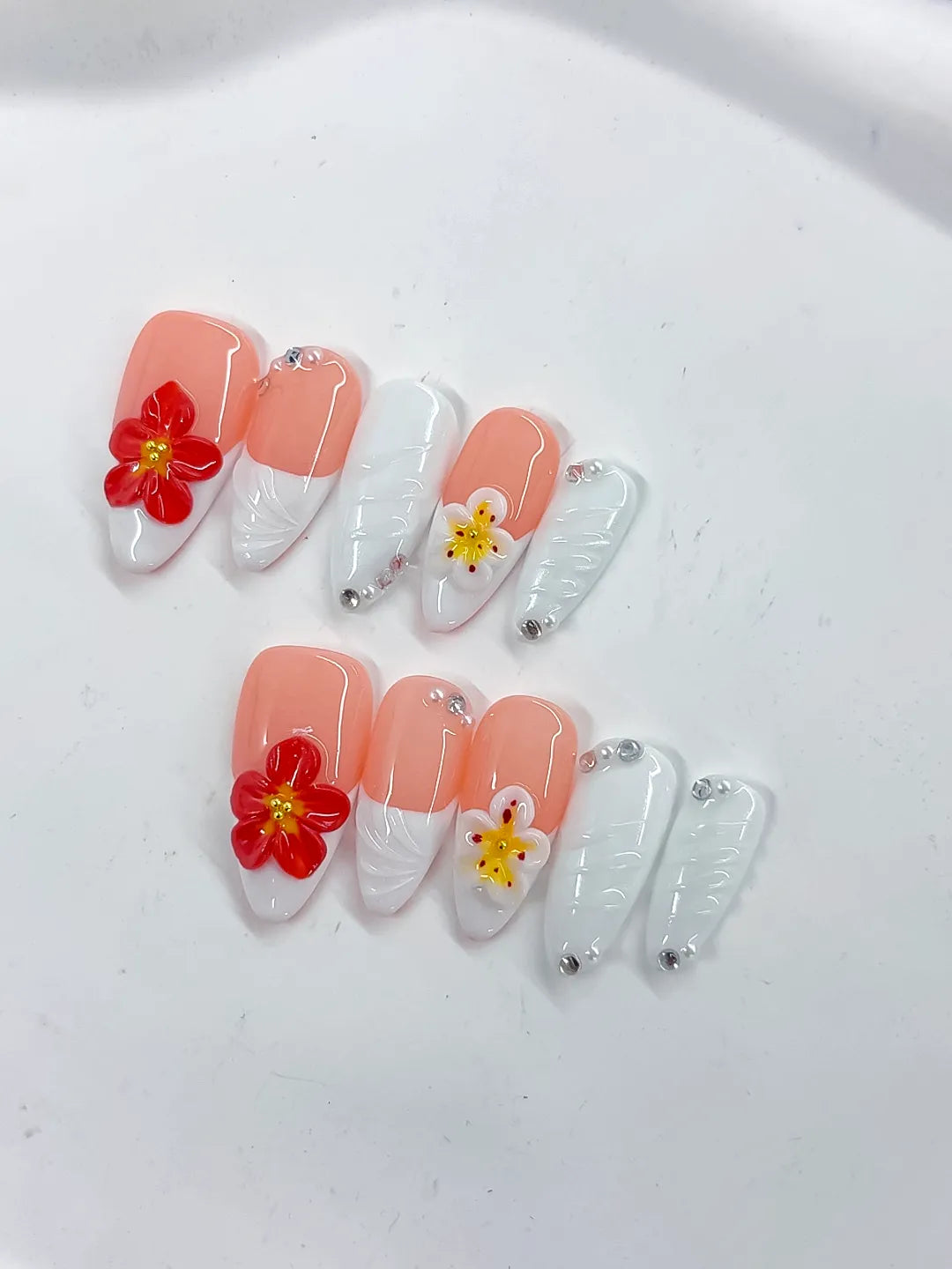 Pink White French tip Flower Rhinestone Shell press on nails detail view