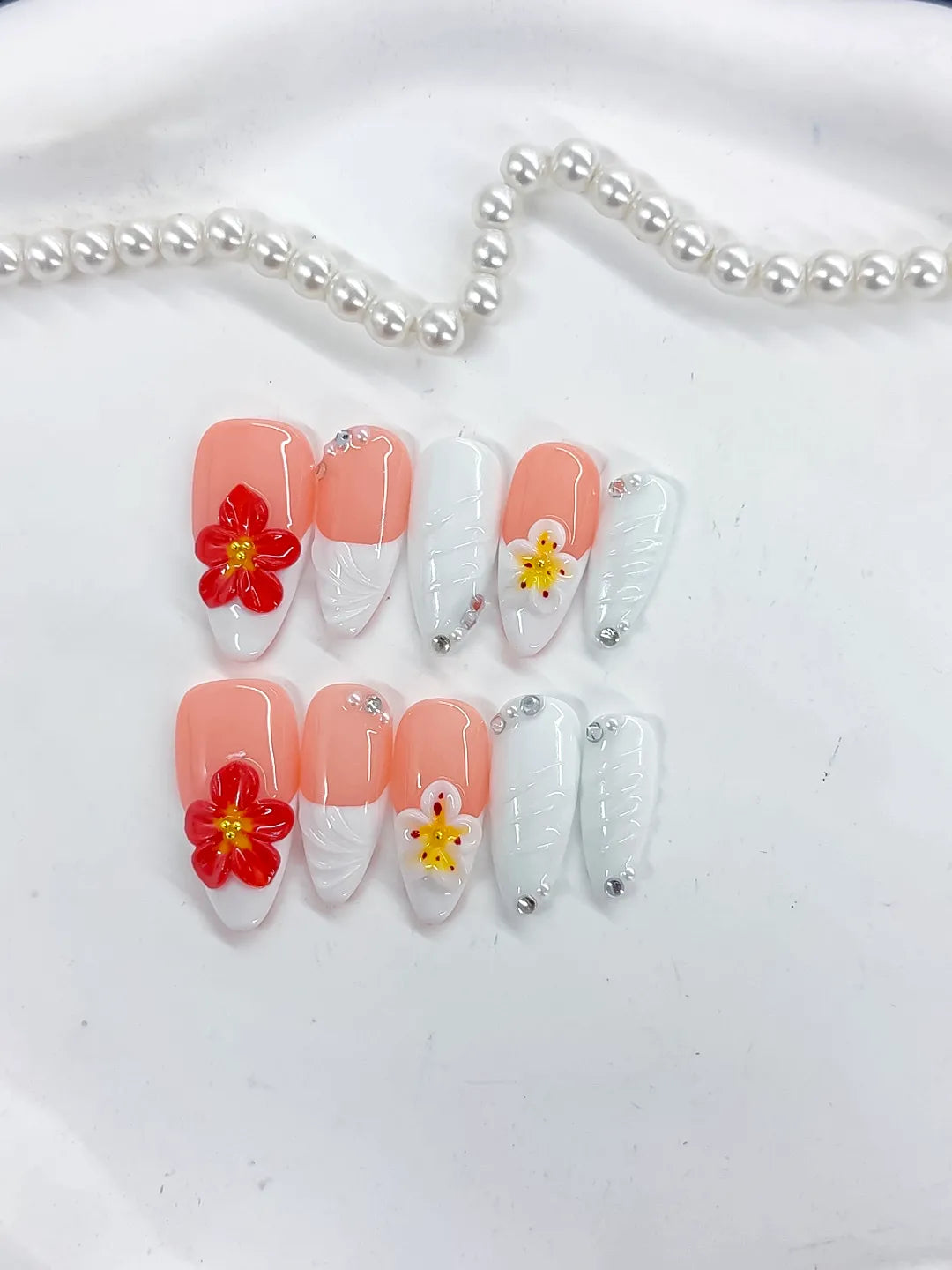 Pink White French tip Flower Rhinestone Shell press on nails detail view