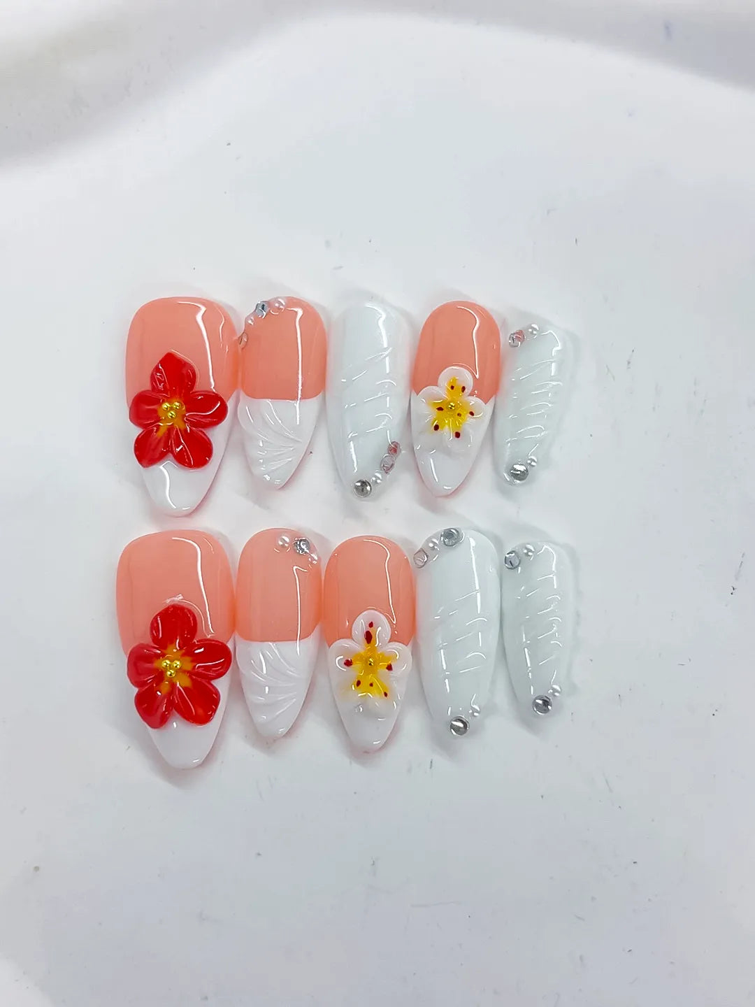 Pink White French tip Flower Rhinestone Shell press on nails detail view