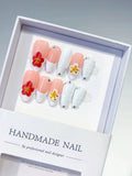 Pink White French tip Flower Rhinestone Shell press on nails