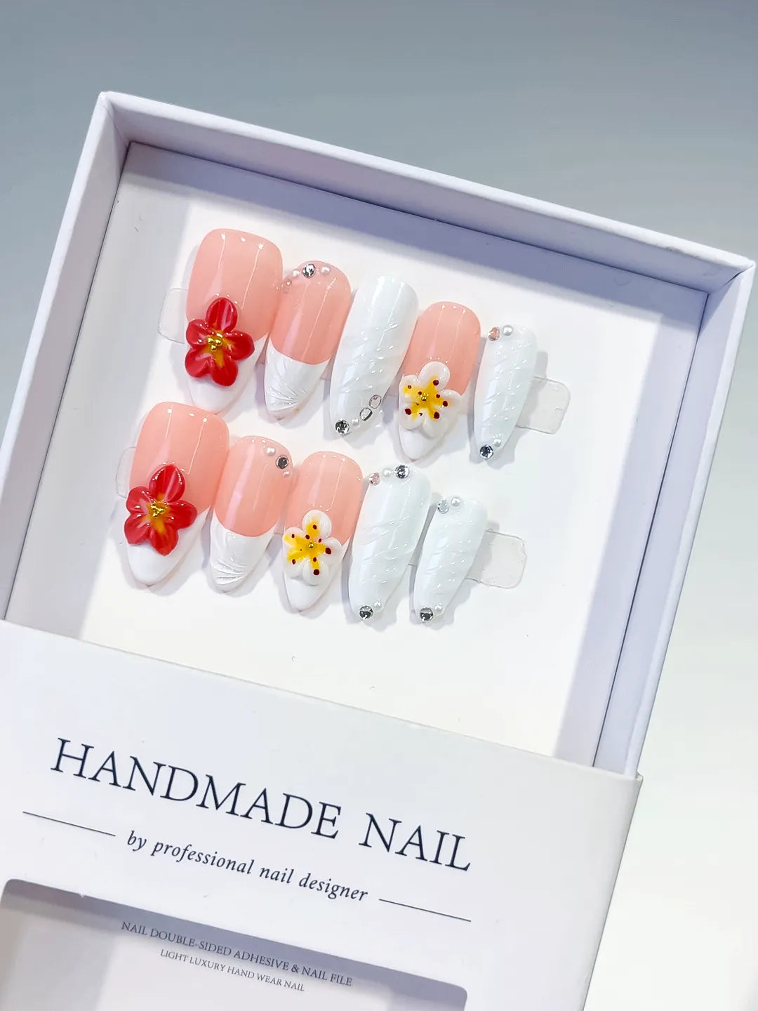 Pink White French tip Flower Rhinestone Shell press on nails