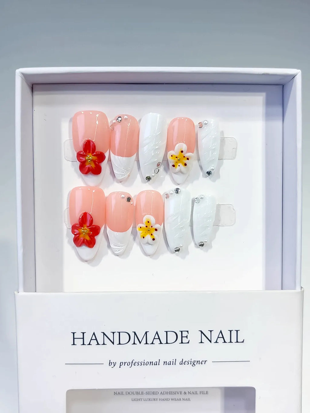 Pink White French tip Flower Rhinestone Shell press on nails full set view