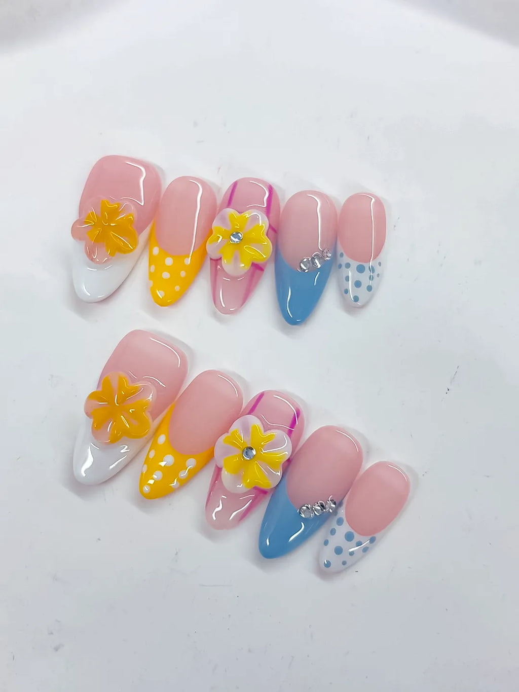 Pink Yellow Blue White French tip Flower Dot Pattern Rhinestone press on nails close up