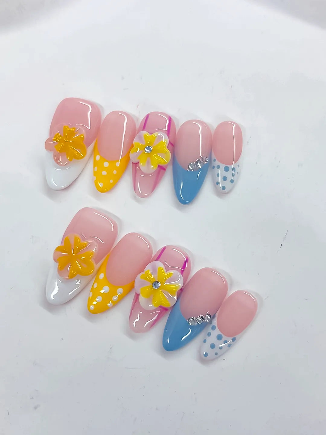 Pink Yellow Blue White French tip Flower Dot Pattern Rhinestone press on nails close up