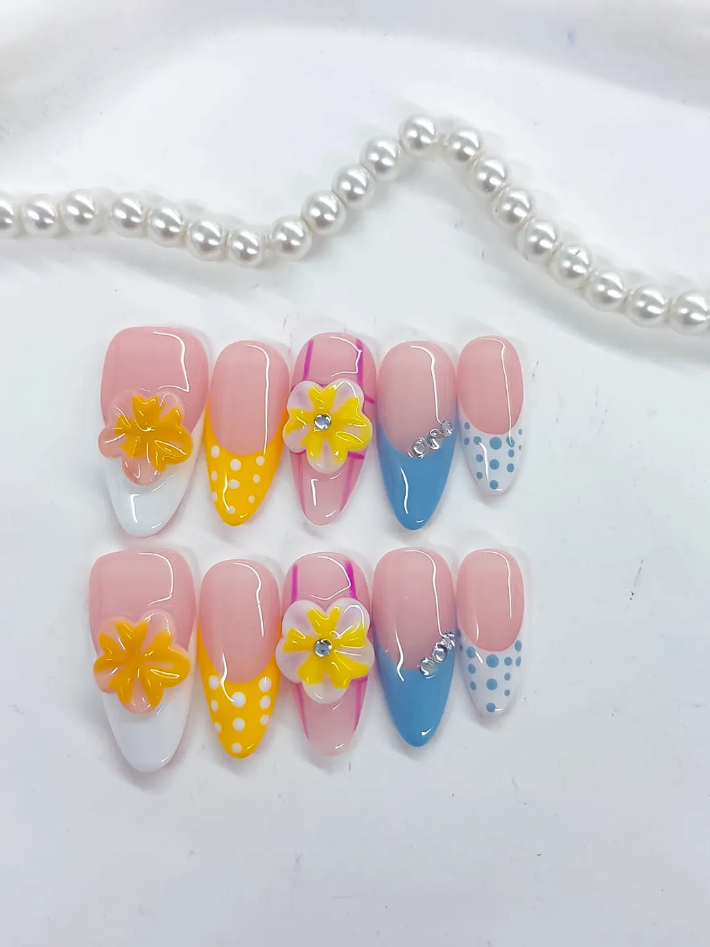 Pink Yellow Blue White French tip Flower Dot Pattern Rhinestone press on nails detail view