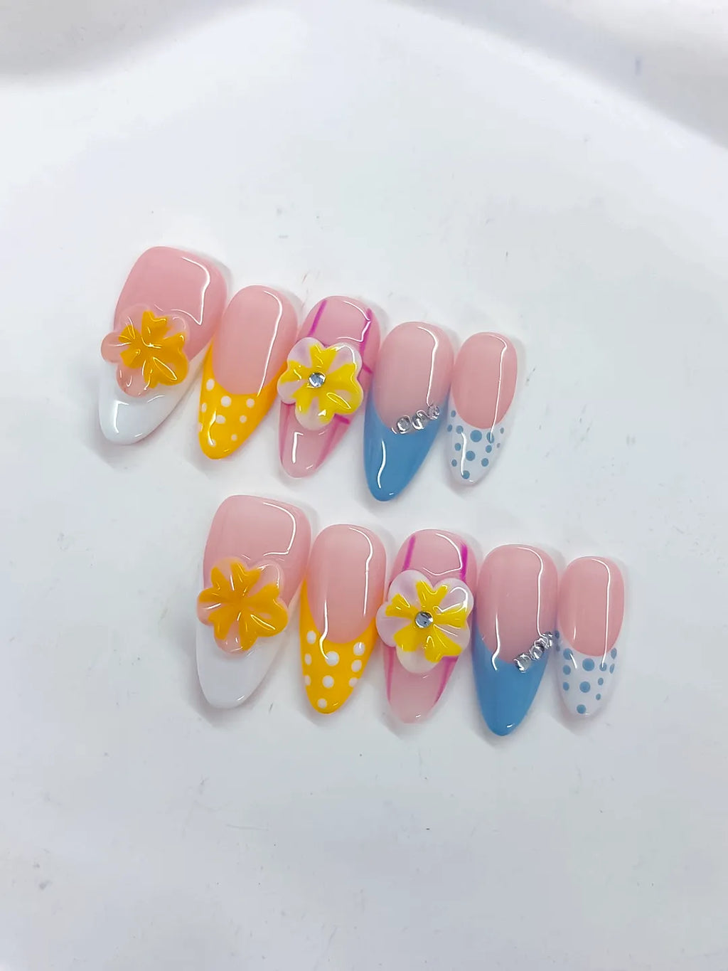 Pink Yellow Blue White French tip Flower Dot Pattern Rhinestone press on nails detail view
