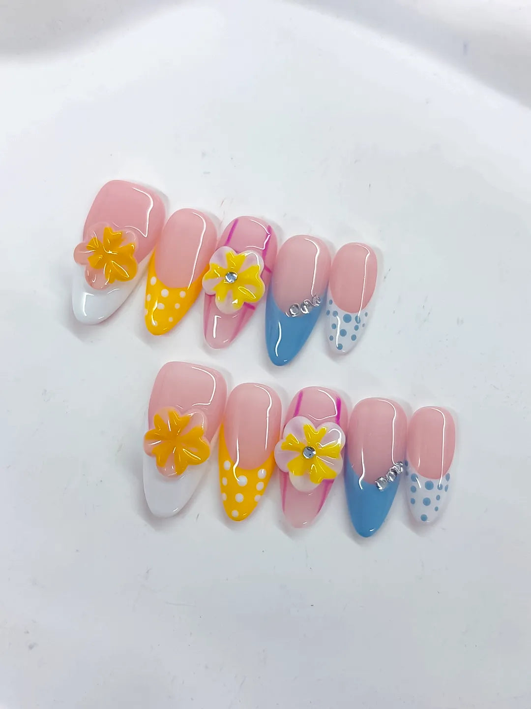 Pink Yellow Blue White French tip Flower Dot Pattern Rhinestone press on nails detail view