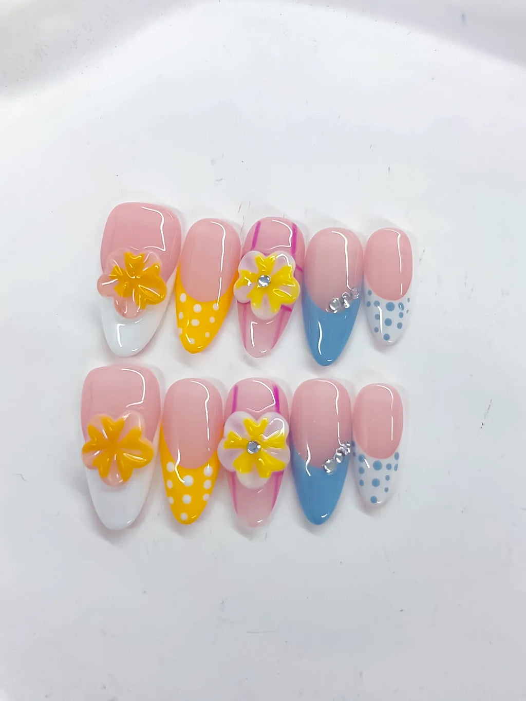 Pink Yellow Blue White French tip Flower Dot Pattern Rhinestone press on nails detail view