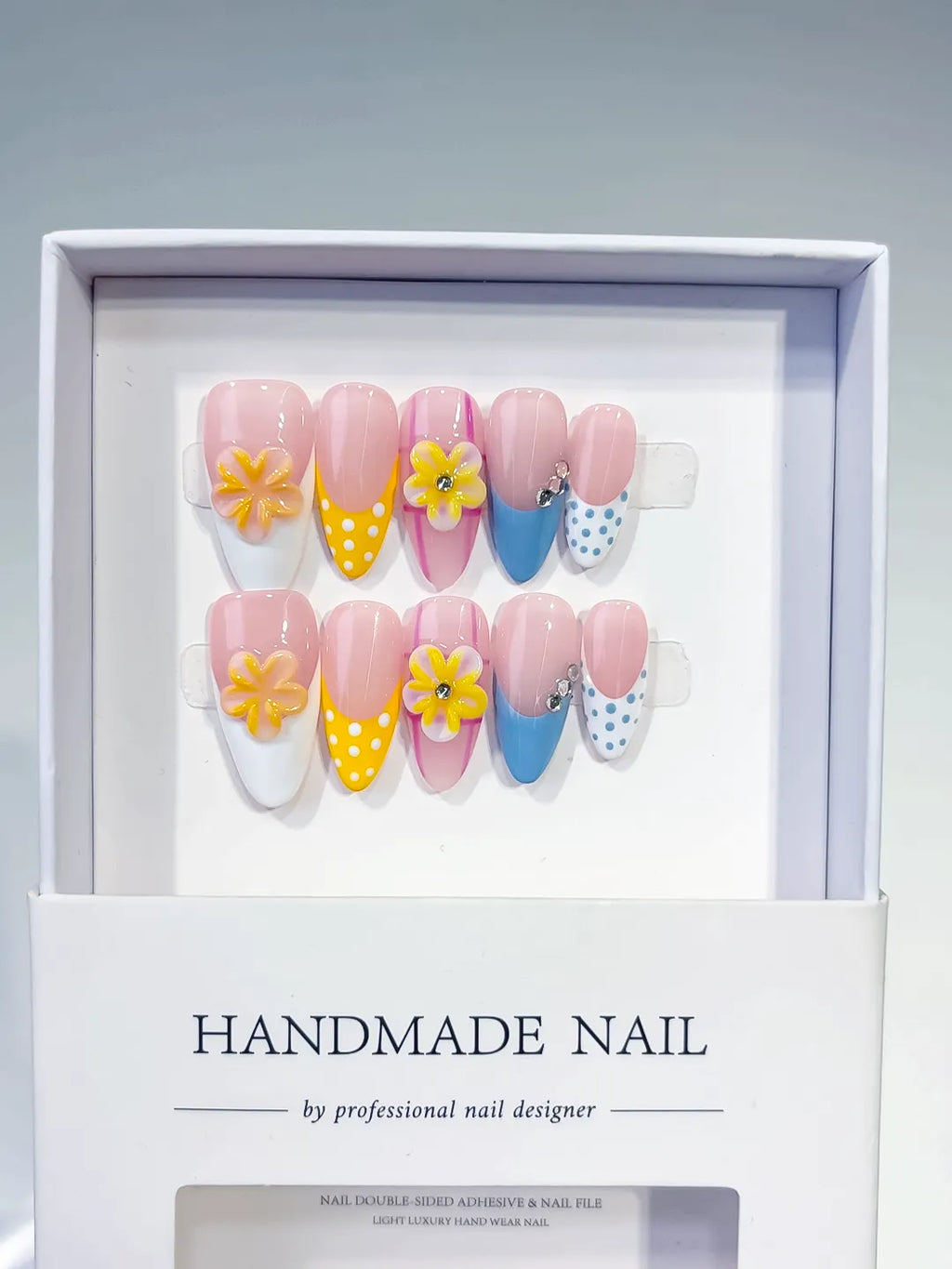 Pink Yellow Blue White French tip Flower Dot Pattern Rhinestone press on nails full set view