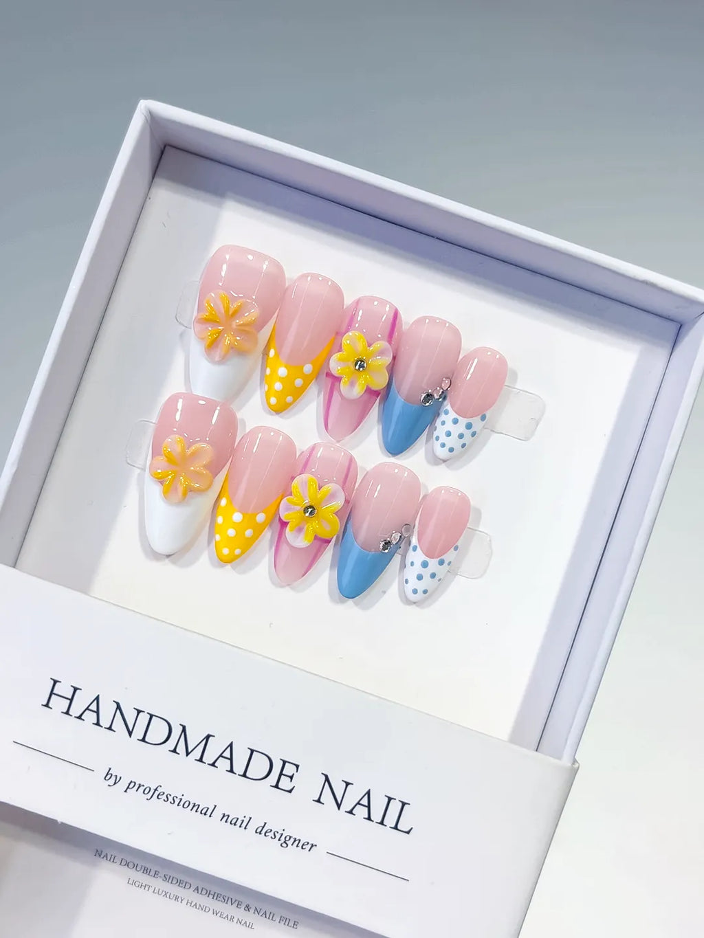 Pink Yellow Blue White French tip Flower Dot Pattern Rhinestone press on nails