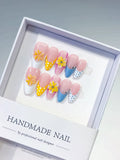 Pink Yellow Blue White French tip Flower Dot Pattern Rhinestone press on nails