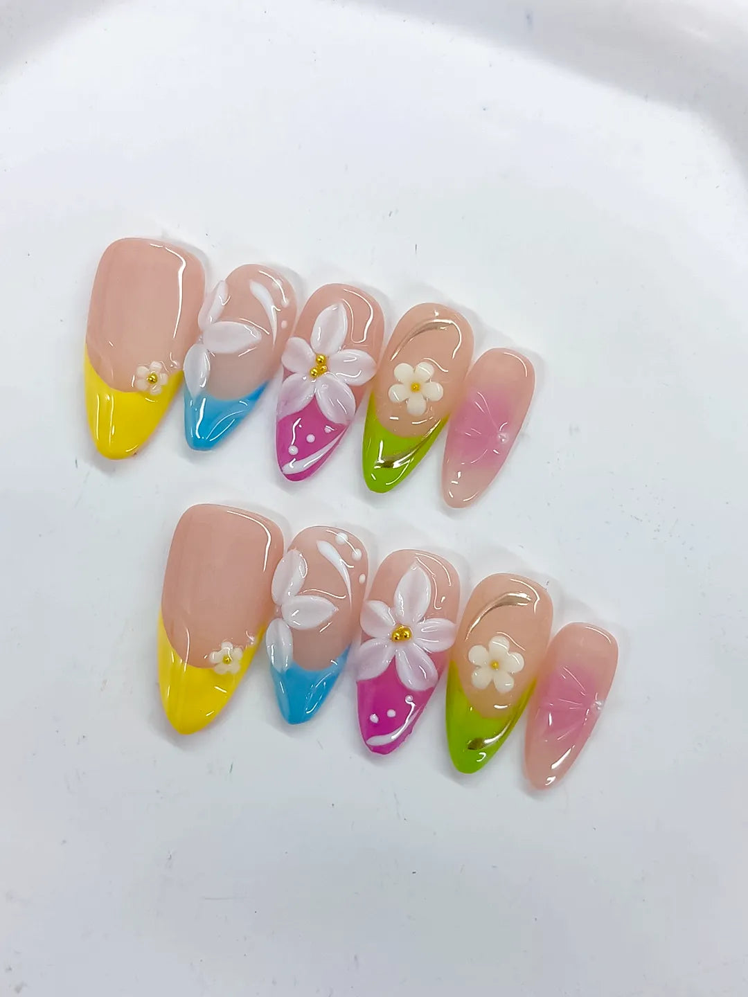 Nude Yellow Blue Pink Green White Abstract Flower Dot Pattern press on nails close up