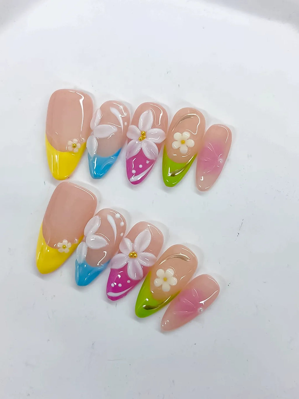 Nude Yellow Blue Pink Green White Abstract Flower Dot Pattern press on nails detail view