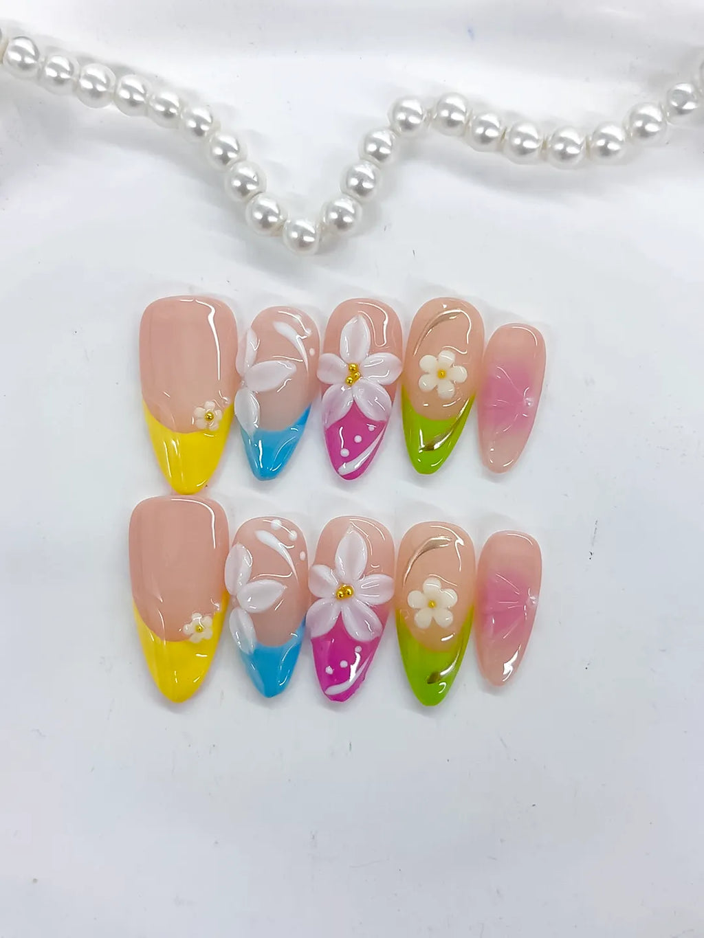 Nude Yellow Blue Pink Green White Abstract Flower Dot Pattern press on nails detail view
