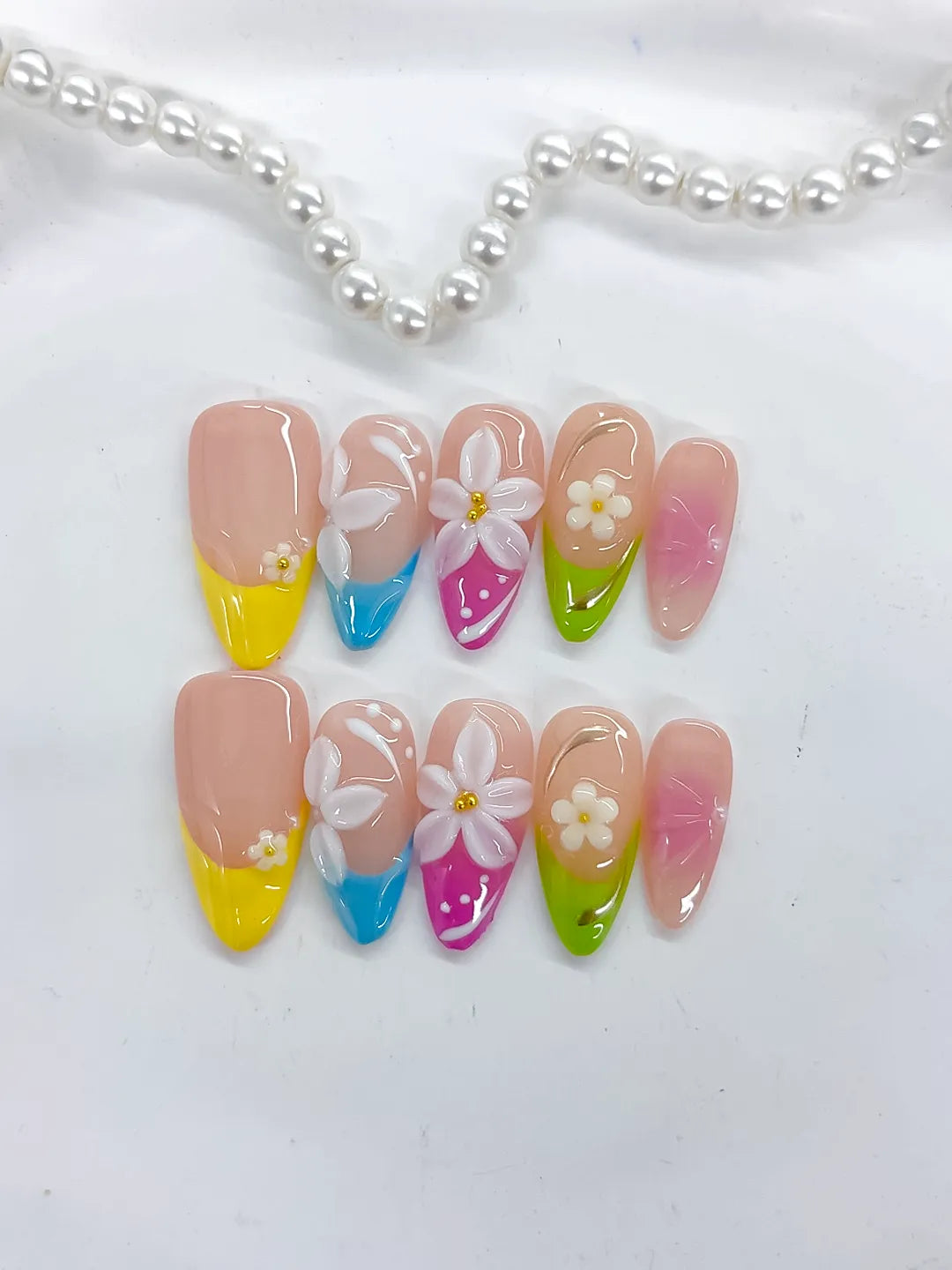 Nude Yellow Blue Pink Green White Abstract Flower Dot Pattern press on nails detail view